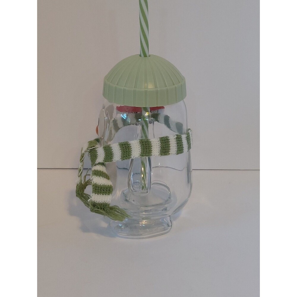 ALDI Glass Sipper Snowman Christmas Beverage Cup Clear Green Hat Scarf Holiday - Picture 2 of 3